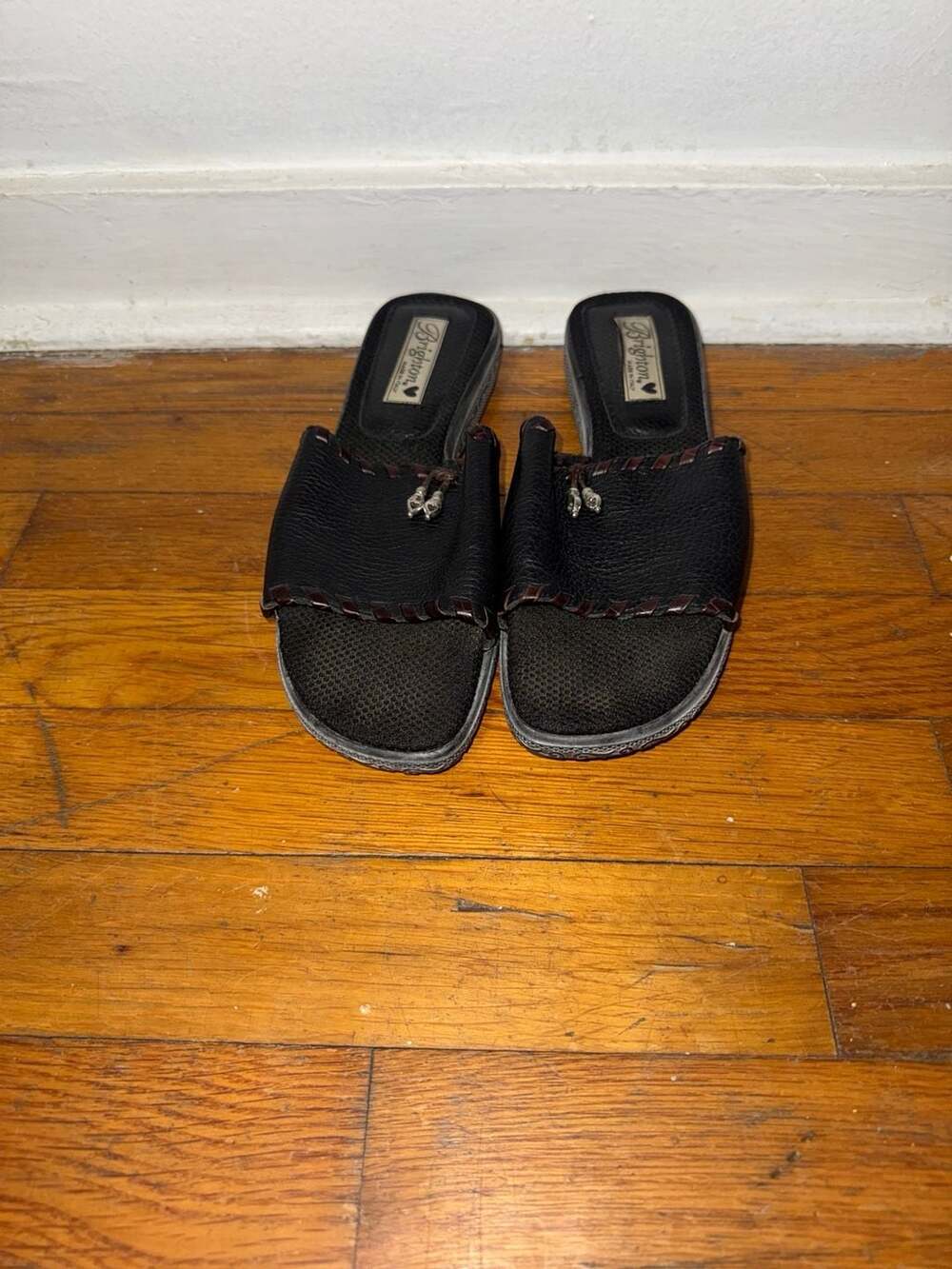 Brighton Black Pebbled Leather Slip-On Slide Sandals with Silver Accents